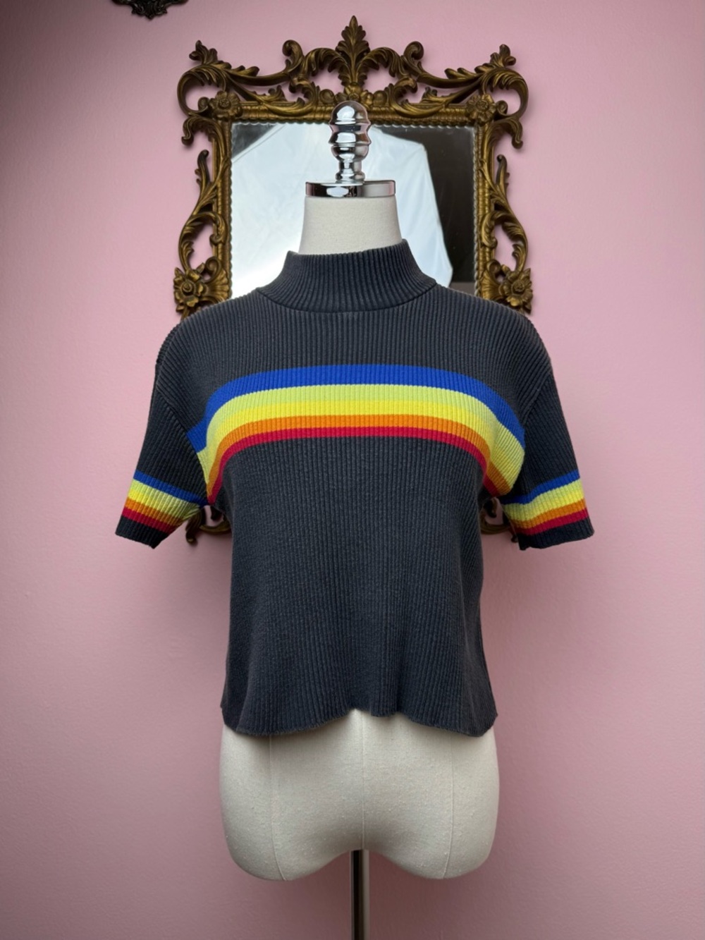 Vintage 90’s Rainbow Striped Crop Top Ribbed Mock Neck Shirt